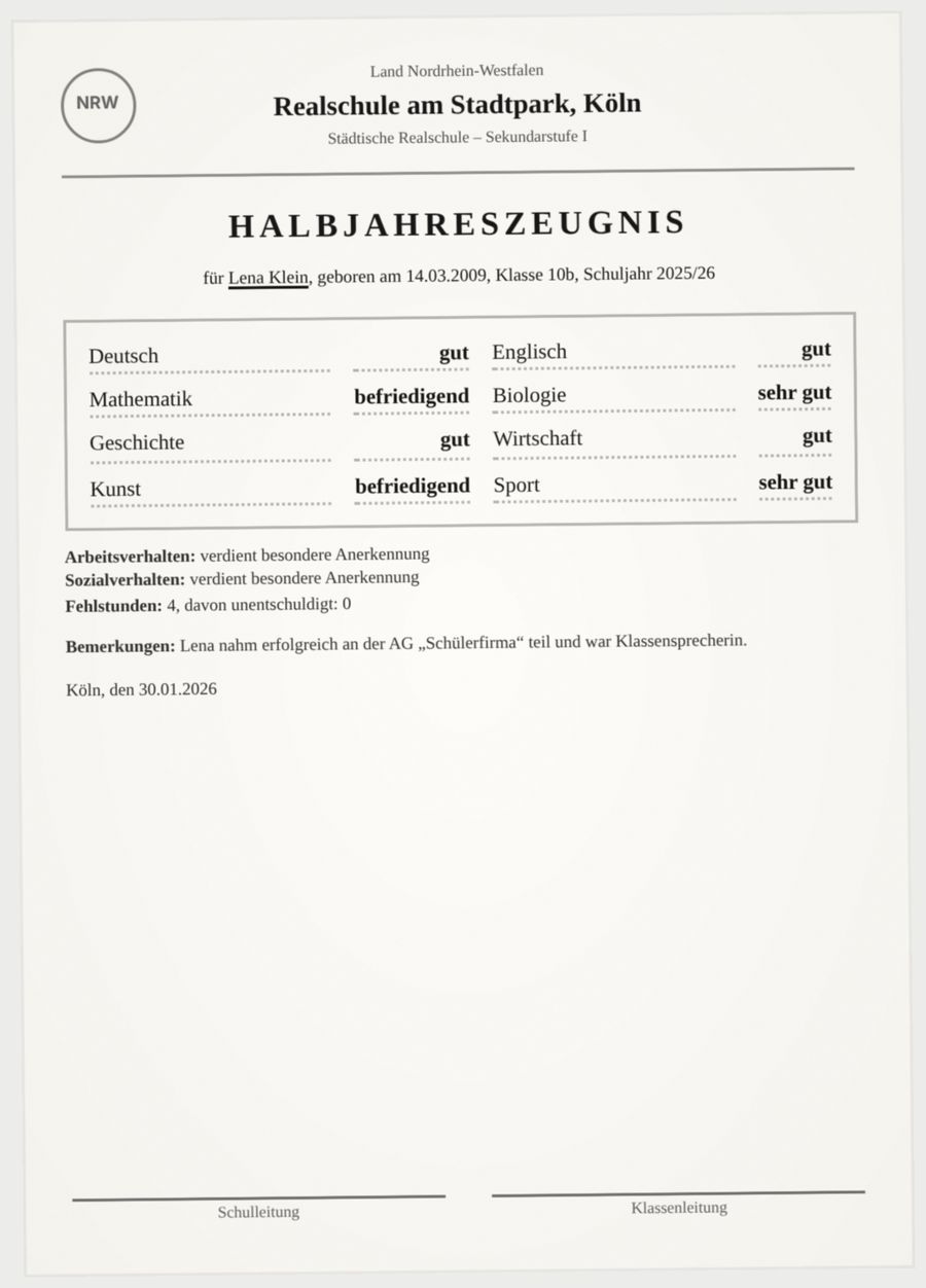 Beispiel-Halbjahreszeugnis (Scan)